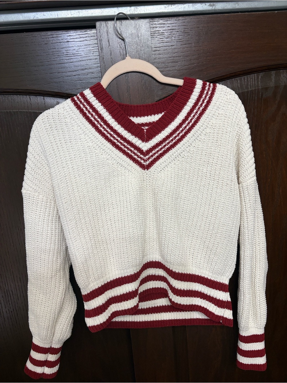 Willow& Wind V-Neck Stripe Sweater with Red Trim